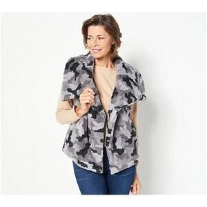 Susan Graver Sherpa Vest Camo Gray Size XL Scarf Collar Snap Front Pockets NEW